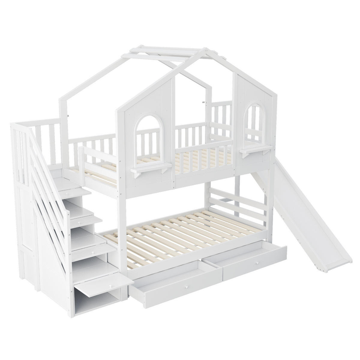 HAUSBETT 90/200 cm Weiß mit Rutsche und Aufbewahrungsleiter - Weiß, Holzwerkstoff (90/200cm) - Flora Grace