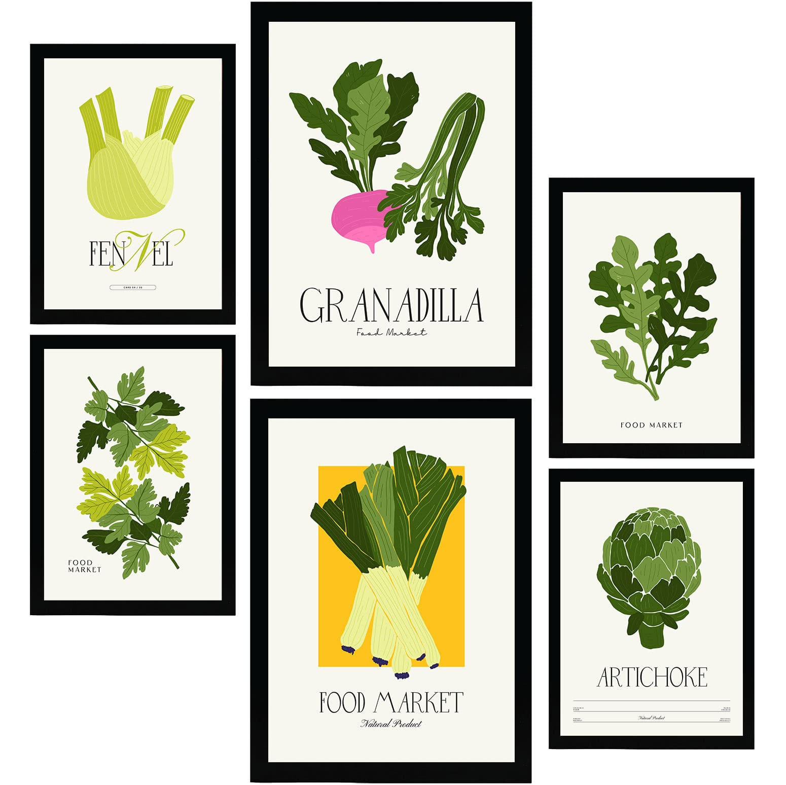 POSTER Set Mit 6 Lebensmittel Und Ernährungs Grünes Gemüse Natur Und Botanikdrucke Für Innenarchitektur A3 & A4 Schwarzer Rahmen - Schwarz, Papier (29/3cm) - Nacnic