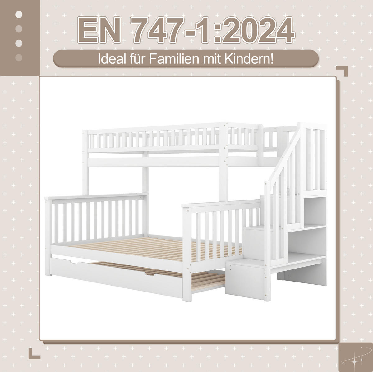 ETAGENBETT 253/240/160 cm aus Kiefer und MDF mit Ausziehbett und Stauraumtreppe Weiß - Weiß, Holz (140/200cm) - Modenvie