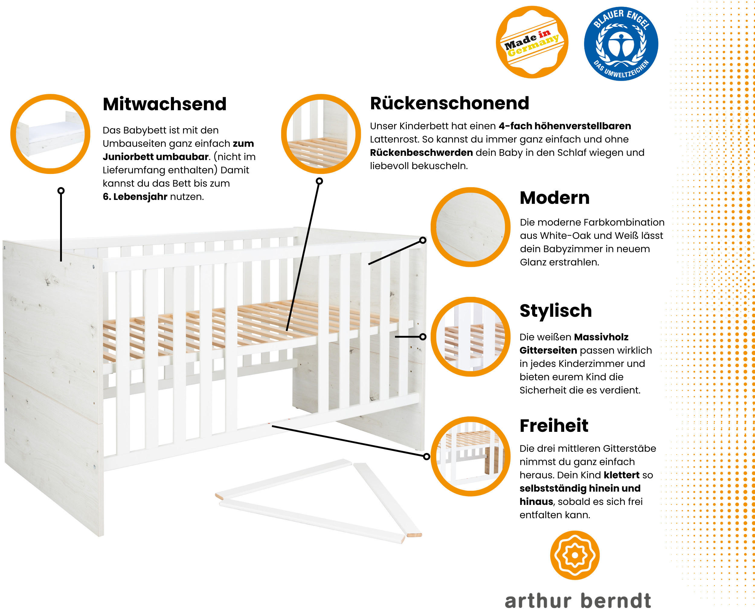 BABYBETT Lavea 70 x 140 cm höhenverstellbar - Weiß, Holzwerkstoff (70/140cm) - arthur berndt