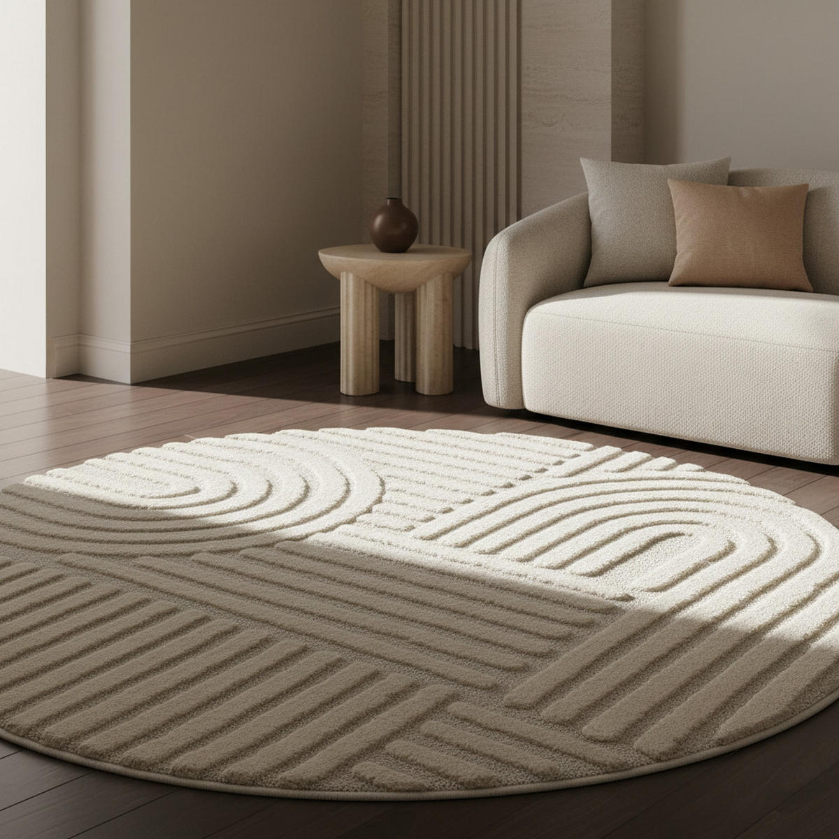 TEPPICH 3D-Effekt Skandinavischer Boho Skulptural Waschbar Esszimmer Rund Creme 160x160 cm – RIGI - Beige, Textil (160/160cm) - KADIMA DESIGN
