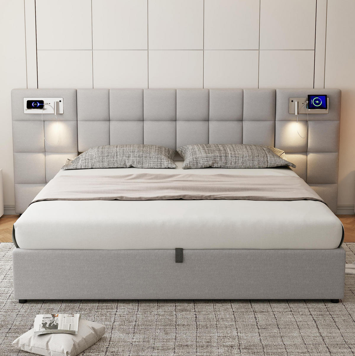 POLSTERBETT mit Stauraum 180x200 cm Leinen Grau mit USB & kabellosem Laden - Grau, Metall (180/200cm) - Meubliv