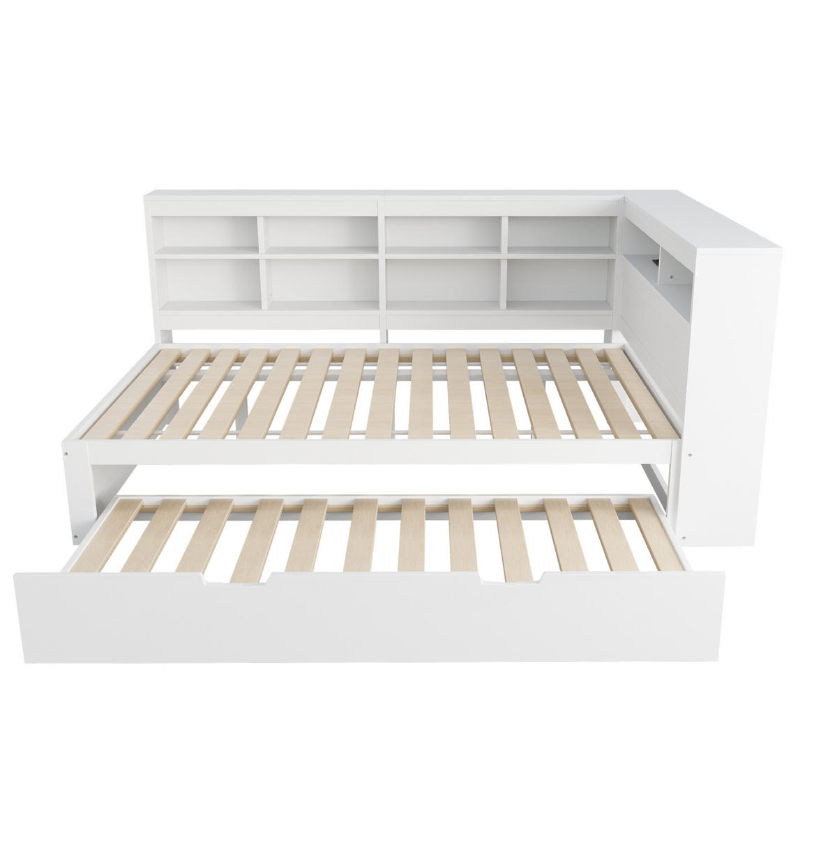 MULTIFUNKTIONSBETT 140/200 cm Weiß mit Ausziehbett und USB-Steckdose - Weiß, Holz (140/200cm) - OKWISH