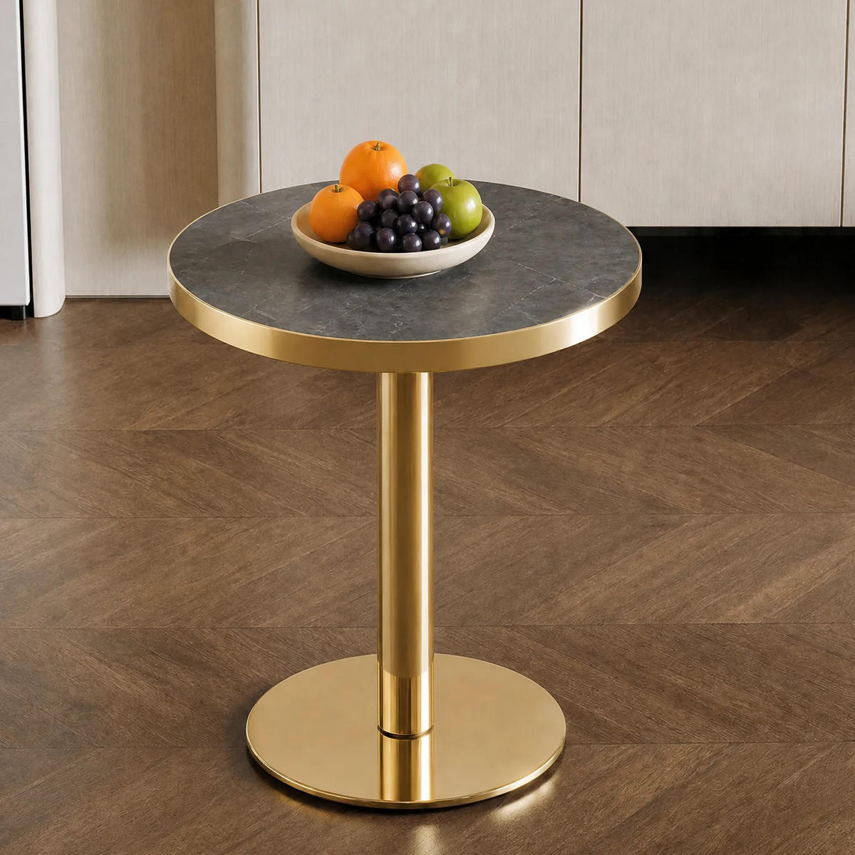 BEISTELLTISCH rund Grau/Gold Marmoroptik Edelstahlgestell - Goldfarben/Grau, Holzwerkstoff (60/60/73.3cm)