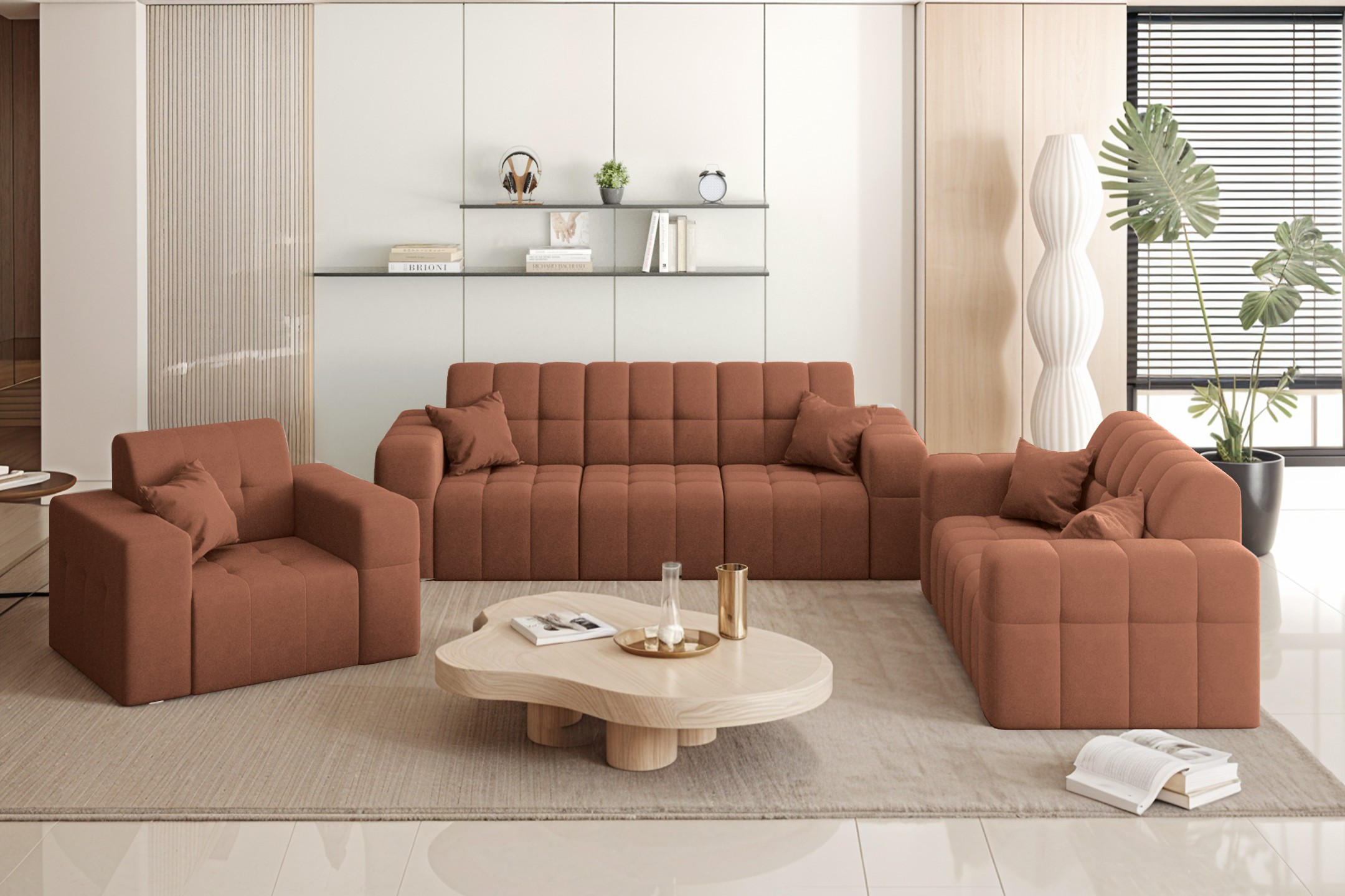 SITZGARNITUR NIMES 3-2-1 Stoff Portland Kupfer - Kupferfarben, Holz/Textil (92/82/245cm) - Kaiser Möbel