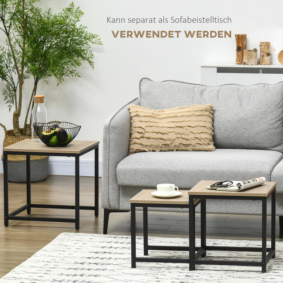 COUCHTISCH-SET eckig, Spanplatte, Naturholz - Naturfarben, Holzwerkstoff/Metall (45/45/44cm) - HOMCOM