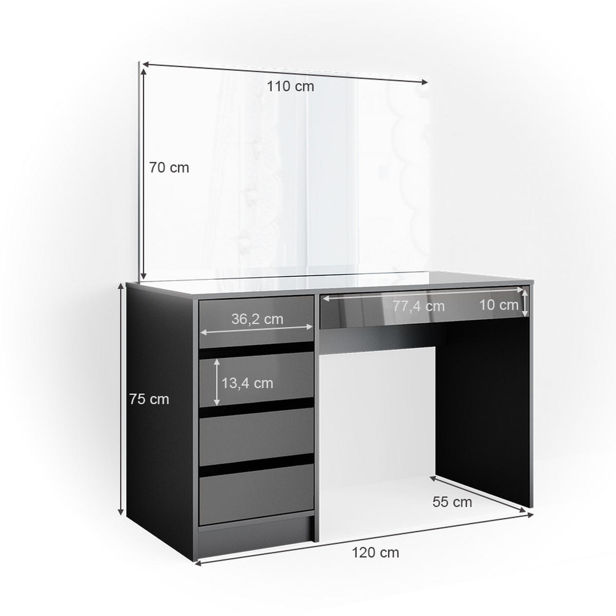 SCHMINKTISCH Sherry Anthrazit 120 cm - Anthrazit, Holzwerkstoff (120/75/55cm) - Vicco