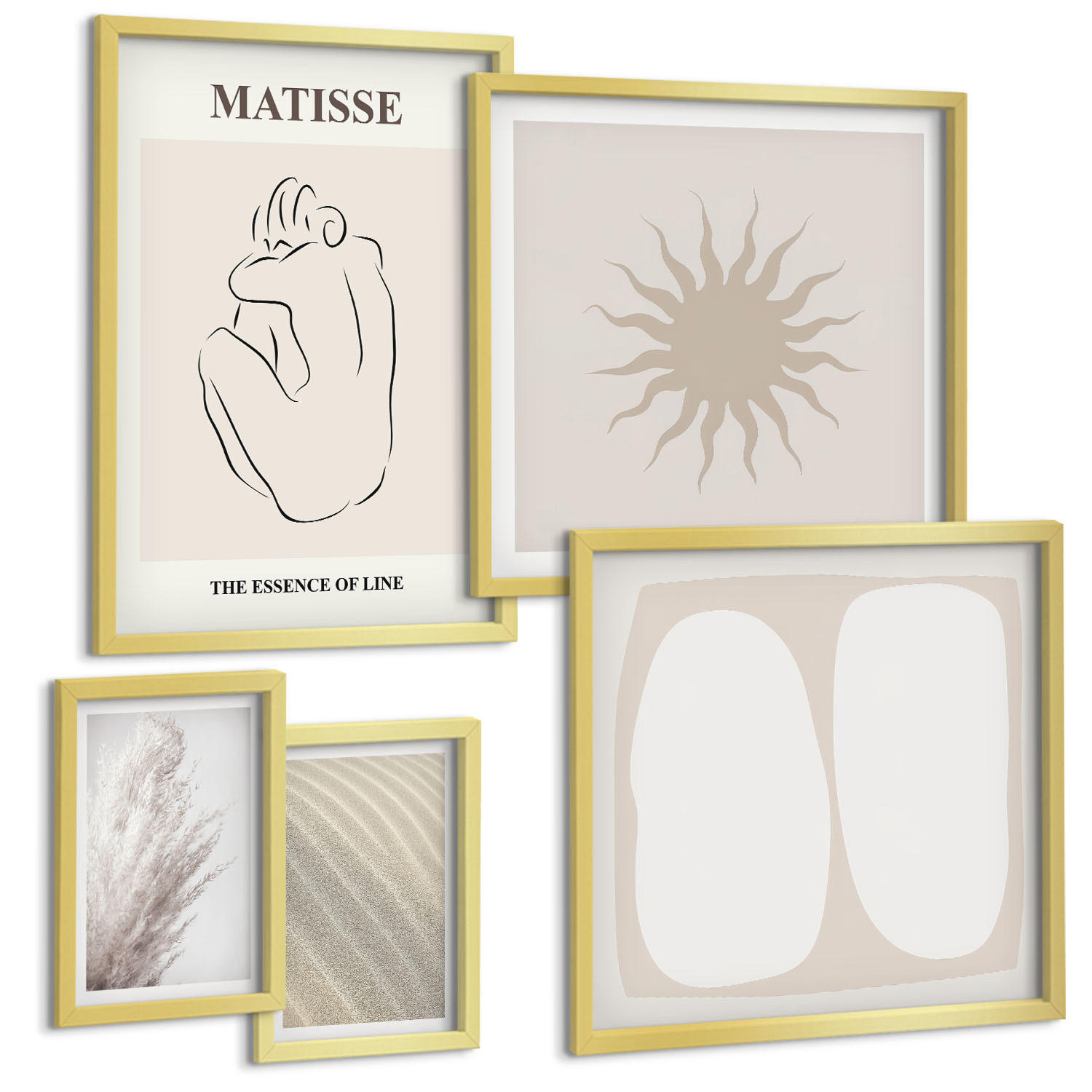 BILDER SET 5er Set - 50x50 cm & 20x30 cm & 40x60 cm Goldrahmen - Minimalistische Sandwellen - Goldfarben, Kunststoff (40/60cm) - TULUP