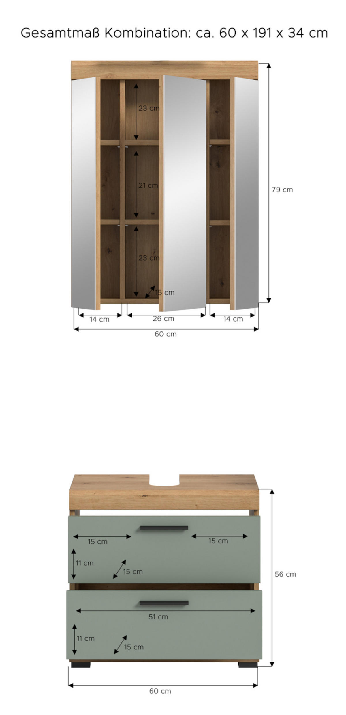 BADMÖBEL-SET Salbei grün, Eiche Artisan 2-teilig 60 cm, Kombination mit Spiegel - Salbeigrün/Schwarz, Glas/Holzwerkstoff (60/191/37cm) - Inn.Furn