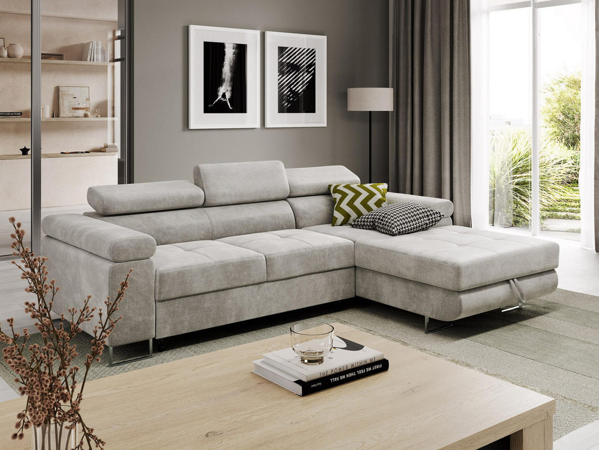 ECKSOFA VEMO MINI Rechts Hellgrau Velour-Stoff Kompakter Komfort für Wohnräume - Hellgrau, Textil (235/175cm) - Barchello