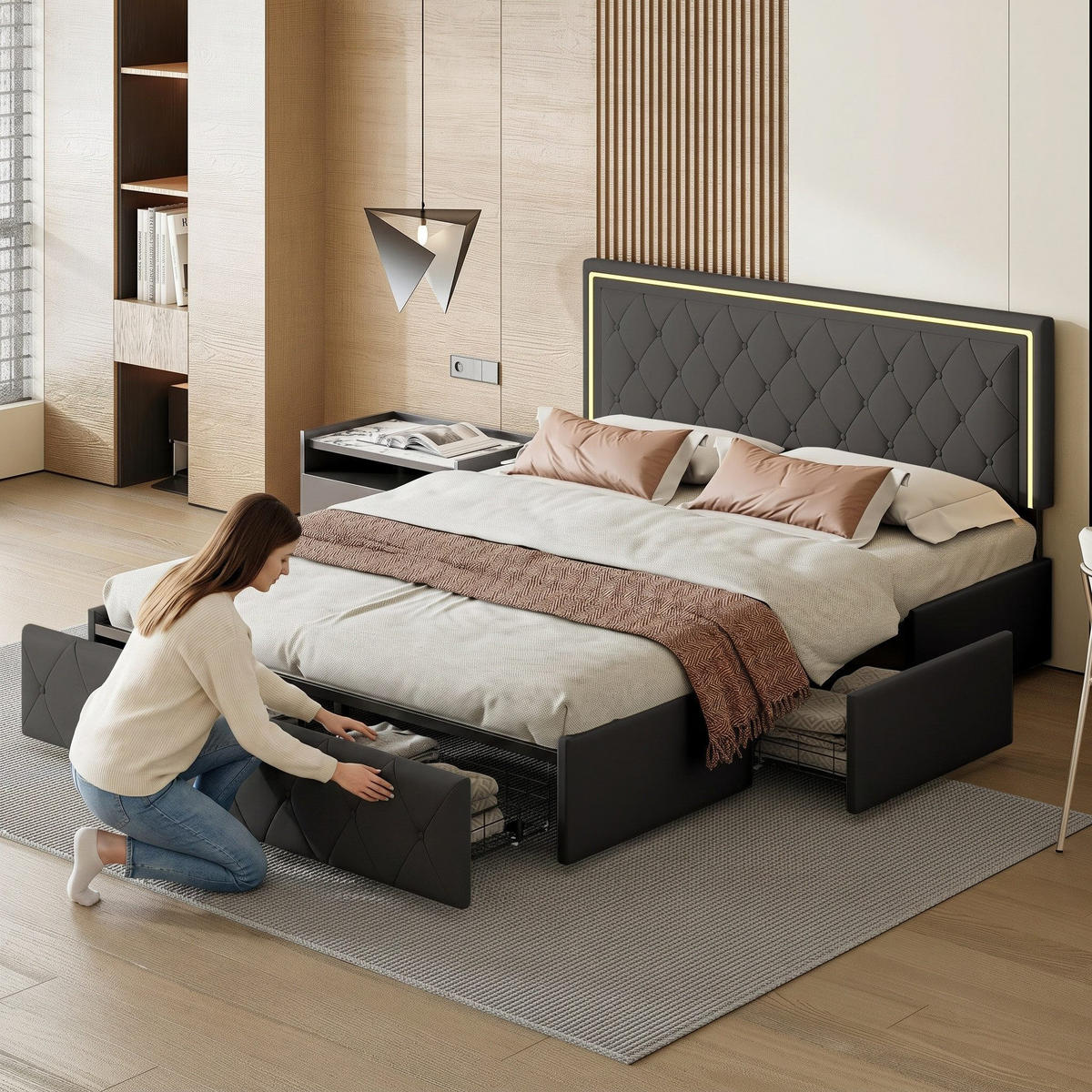 POLSTERBETT 140/200 cm grau mit Schubladen, LED und Stauraum - Grau, Holz - SHOPENTRA