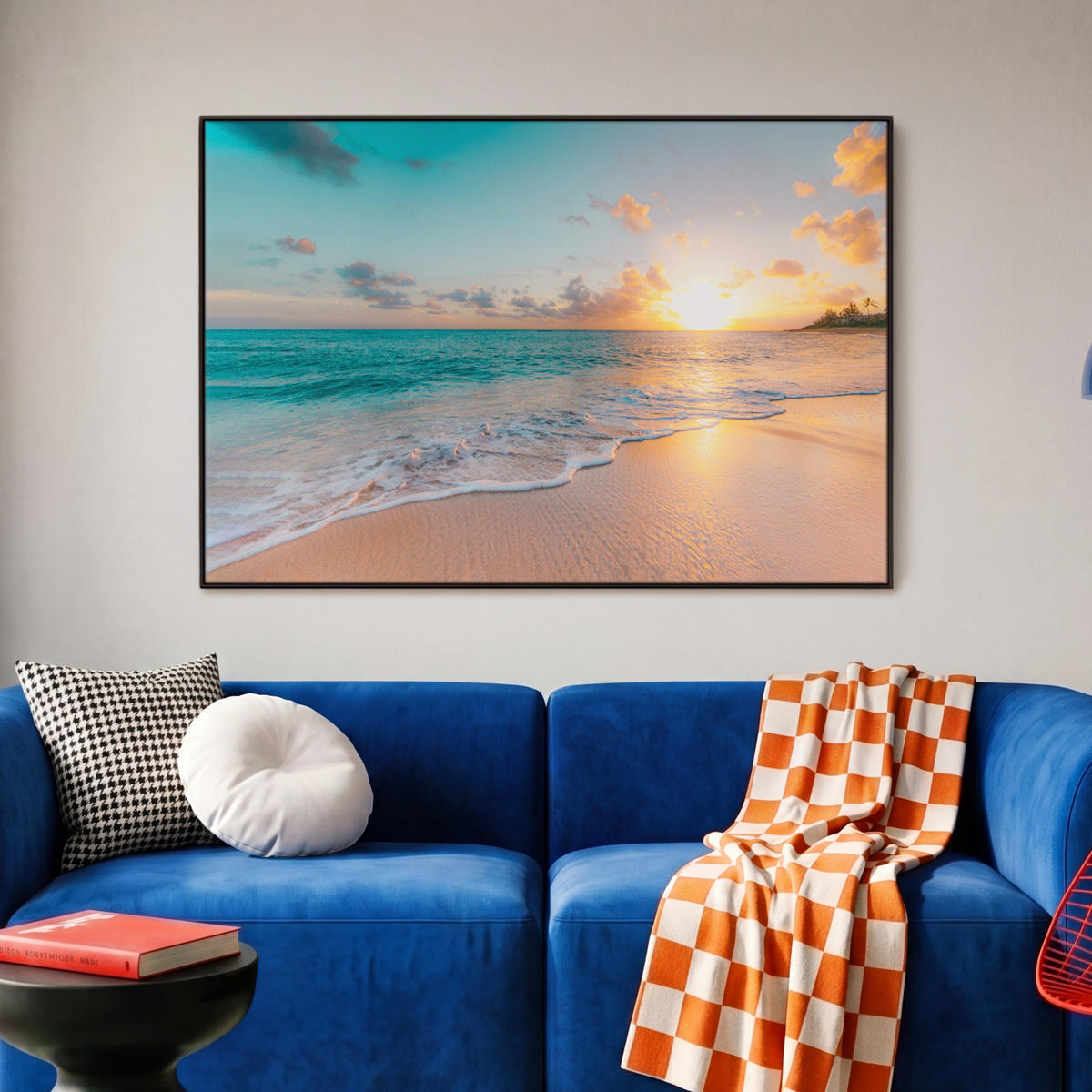 LEINWAND Bilder mit Rahmen - Sonnenuntergang - Strand - Meer - Sommer - Blau - 90x60 - Multicolor, Textil (90/60cm) - MuchoWow