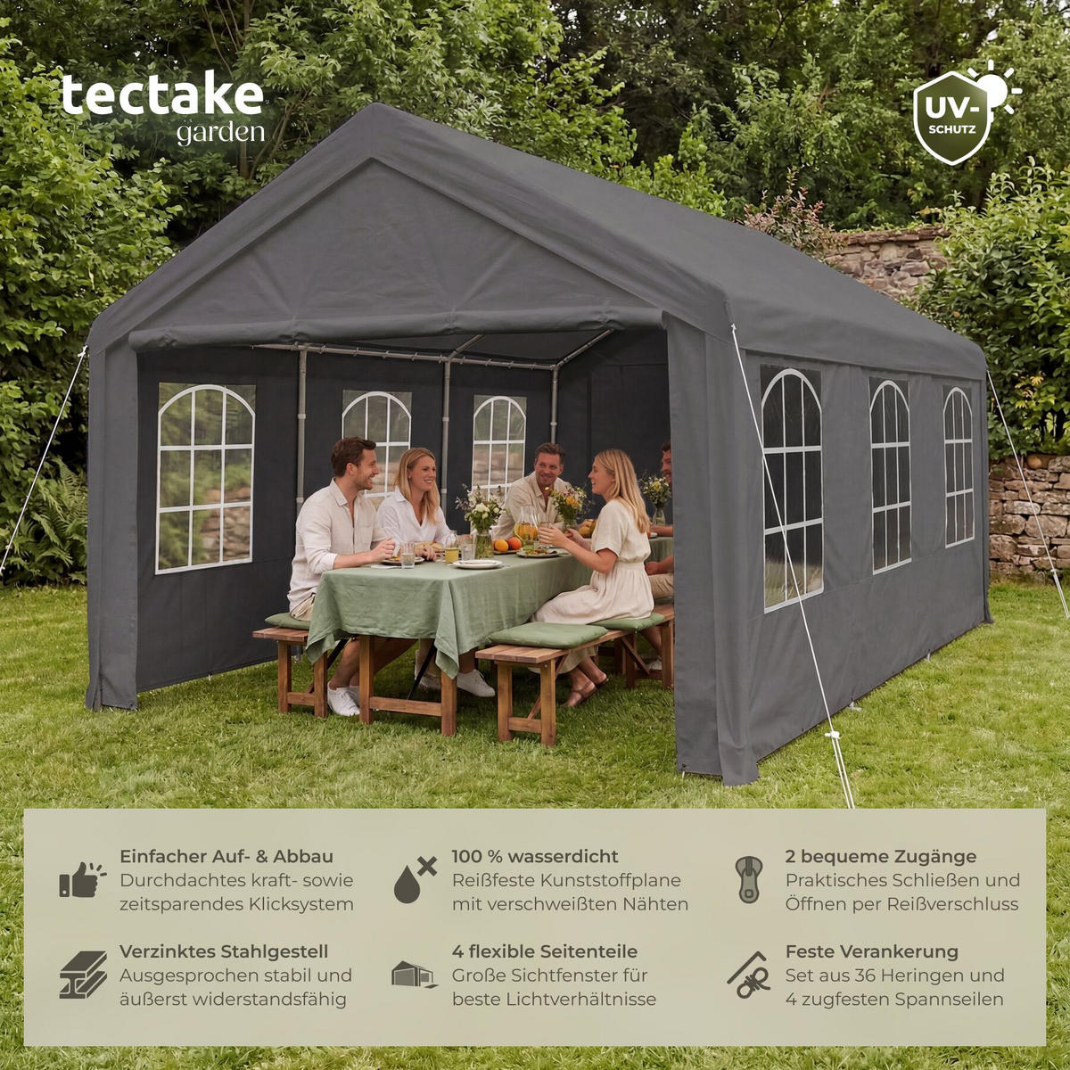 PAVILLON Jasko, inklusive Spannseilen und Heringen, grau - Grau, Kunststoff (400/310/600cm) - tectake