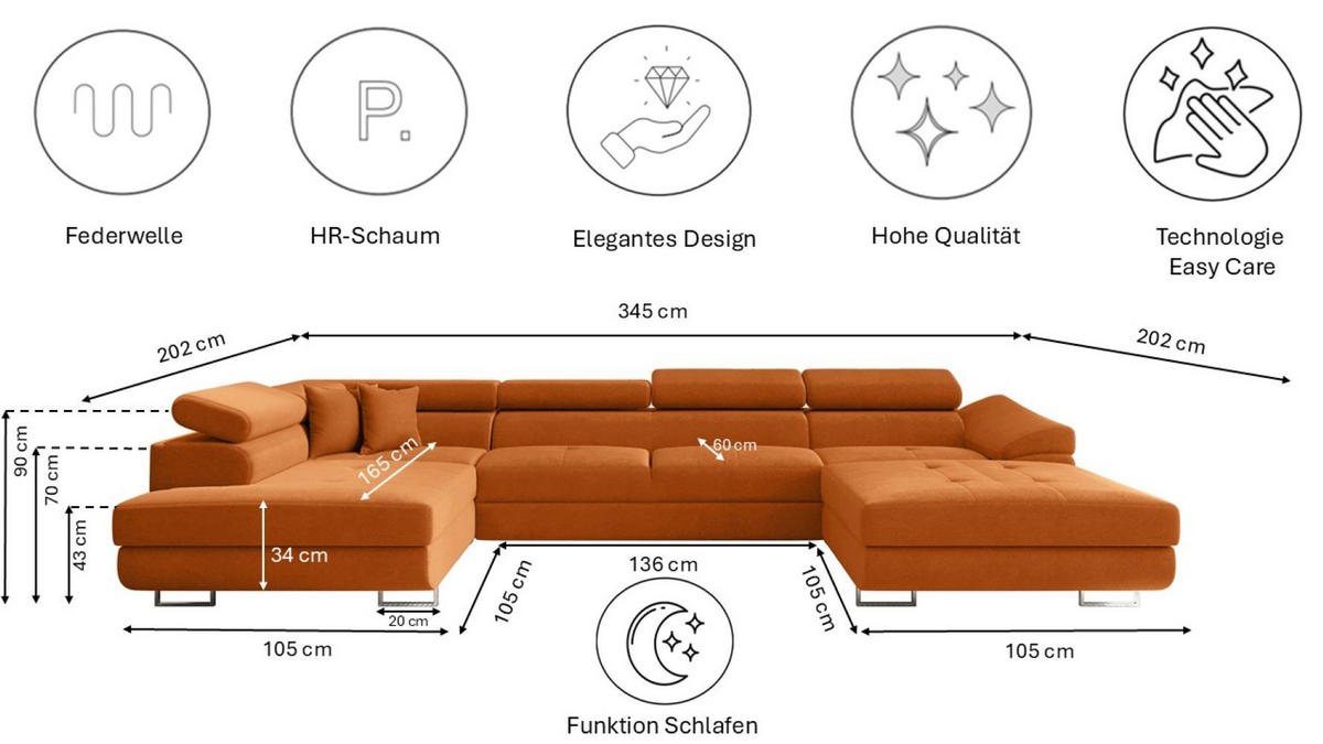 ECKSOFA Falio II U-förmiges Mit Schlaffunktion Und Verstellbaren Kopfstützen Orange Links - Orange, Holz/Textil (202/345cm) - Kaiser Möbel