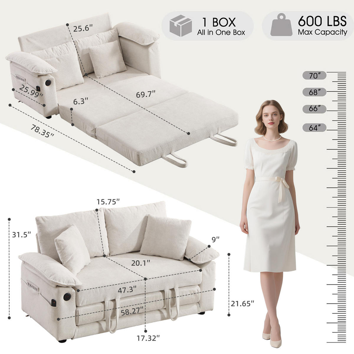 SCHLAFSOFA DE-34980 3-in-1 mit Ausziehbett Weiß - Weiß, Metall (66/80/135cm) - ComfortXL