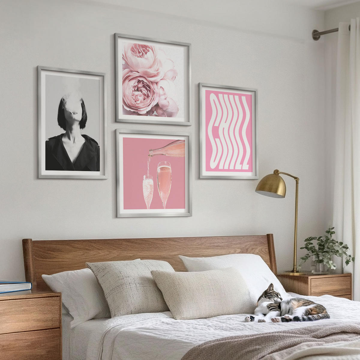 WANDBILDER 4er Set - 50x50 cm & 40x60 cm Silberner Rahmen - Stilvolles Porträt mit Champagner - Silberfarben, Kunststoff (50/50cm) - ArtPrintCave