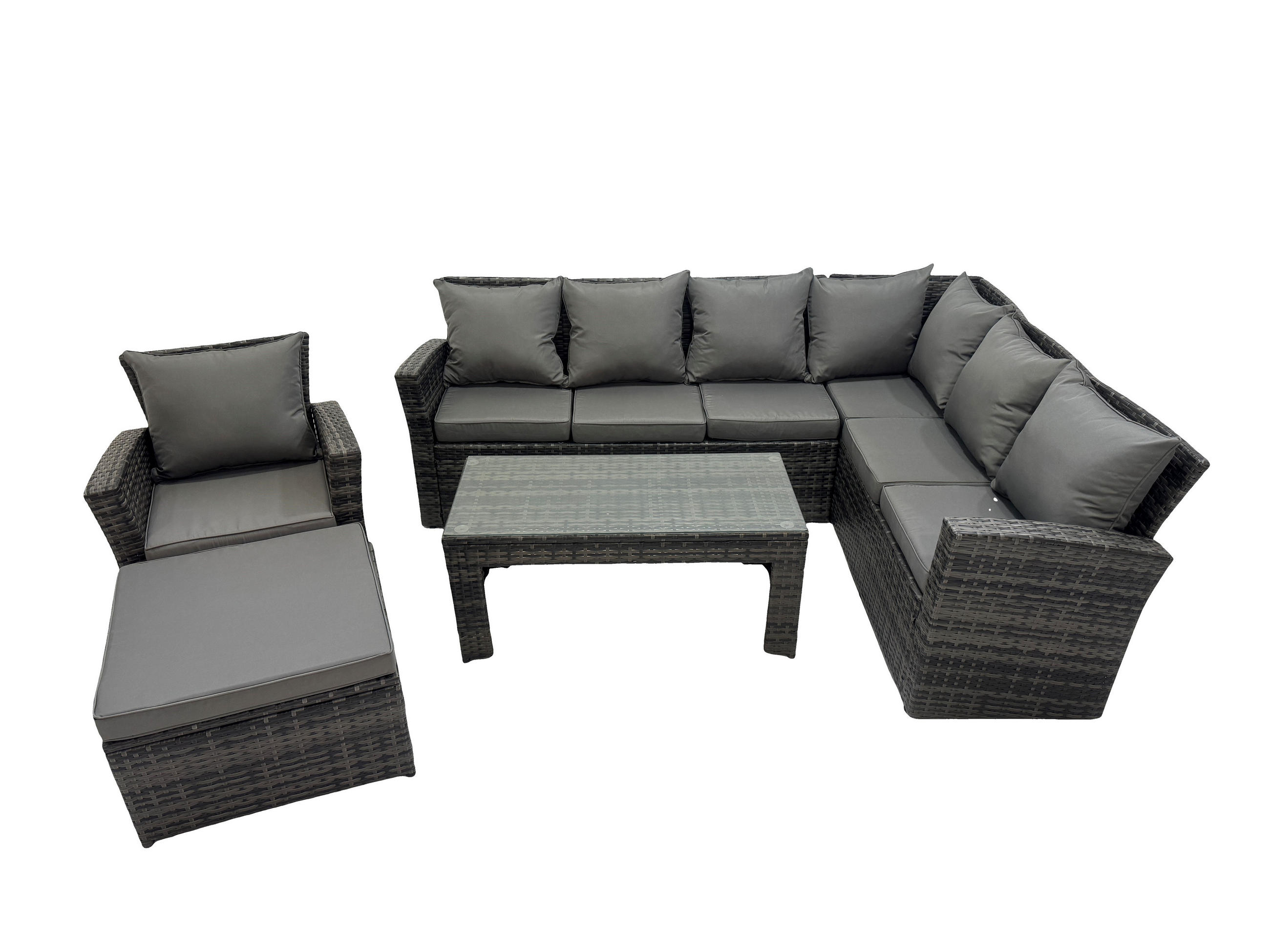 LOUNGEGARNITUR mit Couchtisch Sofa,Hocker Polyrattan Dunkelgrau 8-Sitzer - Dunkelgrau/Grau, Glas/Kunststoff - Fimous