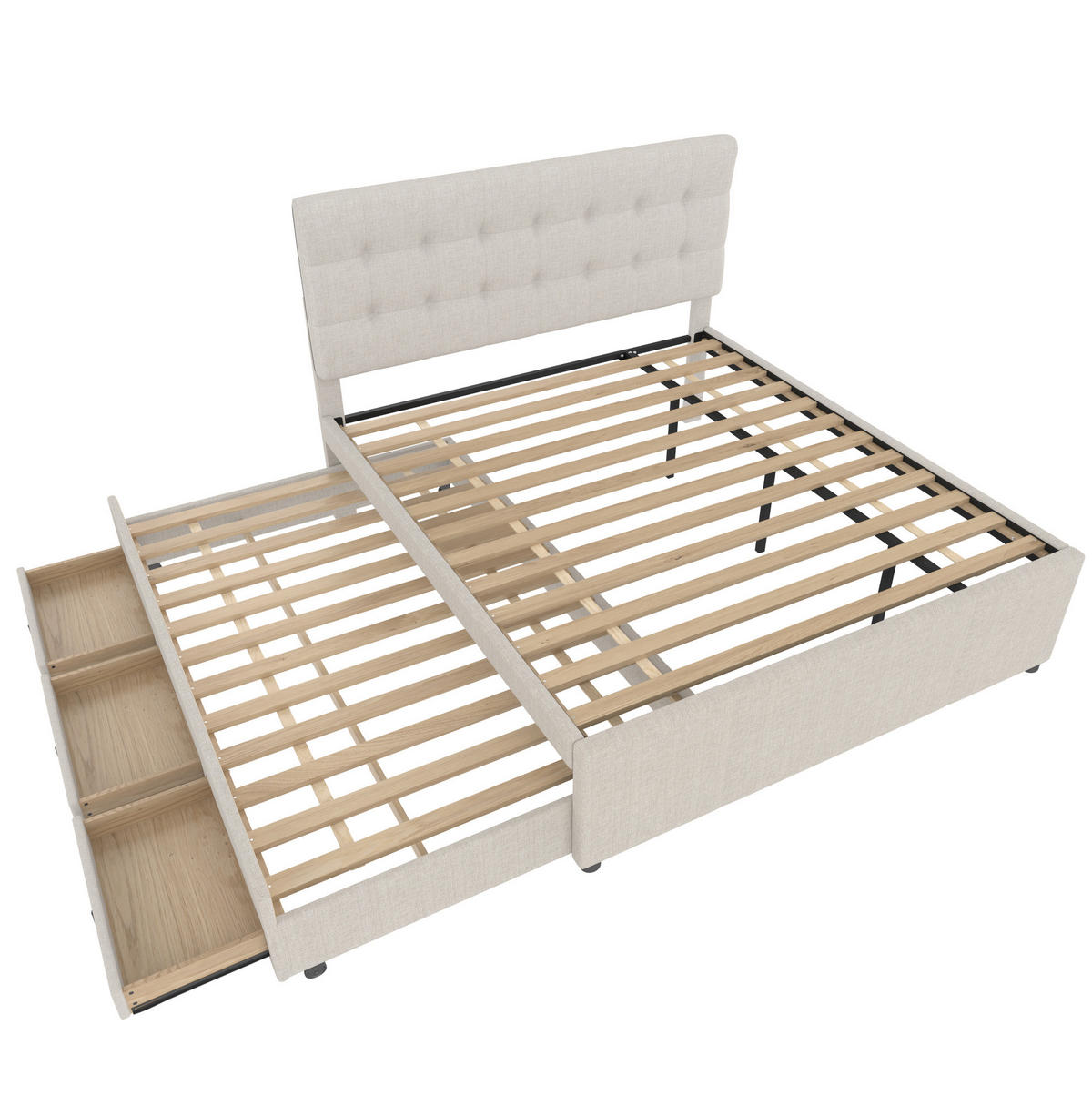 POLSTERBETT aus Leinen 140x200 cm Beige mit Ausziehbett, 3 Schubladen und verstellbarem Kopfteil - Beige, Textil (140/200cm) - IVMEU