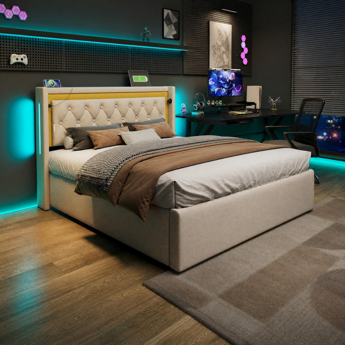 POLSTERBETT 140/200 cm in Hellbeige mit Bettkasten, LED und USB/Type-C Stoff - Beige, Holzwerkstoff/Textil (140/200cm) - STILVORA