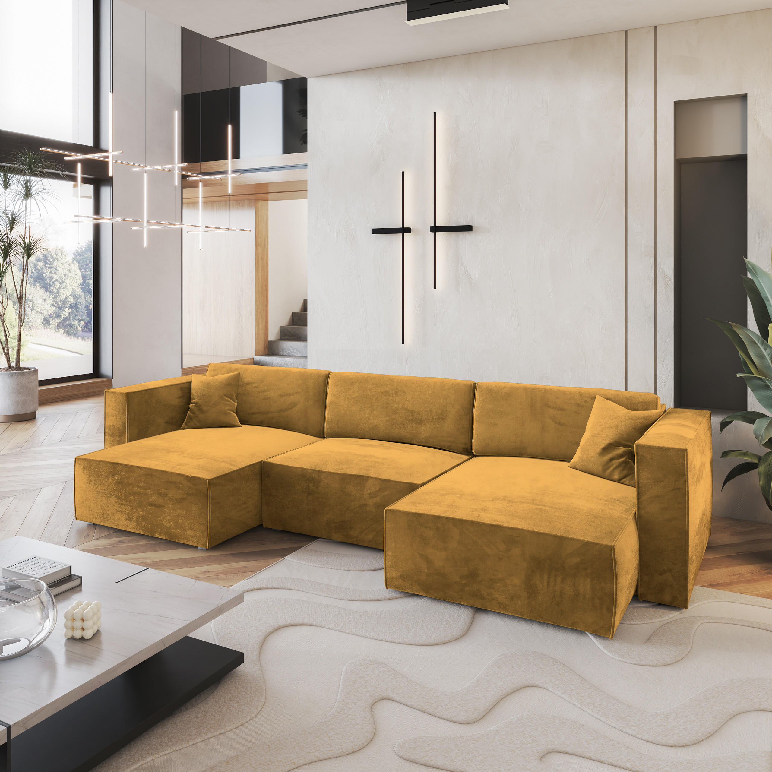 WOHNLANDSCHAFT SARMO M Gelb Velours-Stoff mit Schlaffunktion - Gelb, Holz (347/70/148cm) - MASSENO