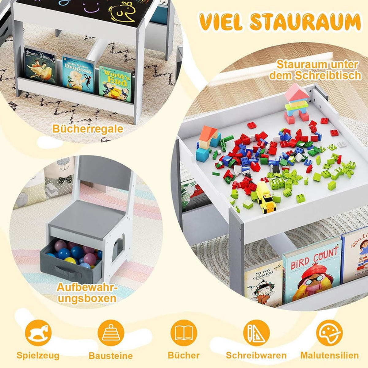 KINDERTISCH mit Stuhl hellgrau(3-tlg) - Hellgrau, Holzwerkstoff (62/56.5/62cm) - COSTWAY
