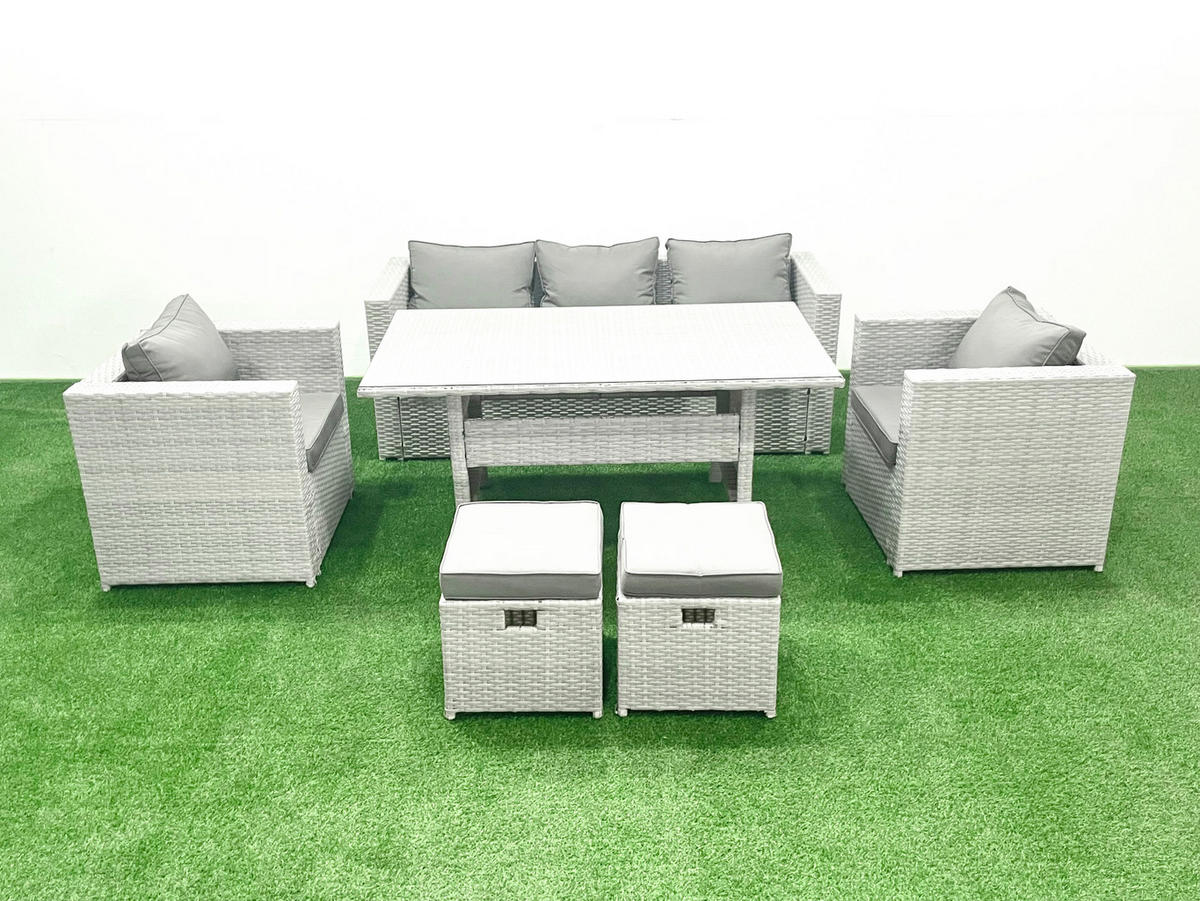 GARTENMÖBEL SET mit Sofa,2 Hockern Polyrattan Hellgrau 7-Sitzer - Hellgrau/Grau, Glas/Kunststoff - Fimous
