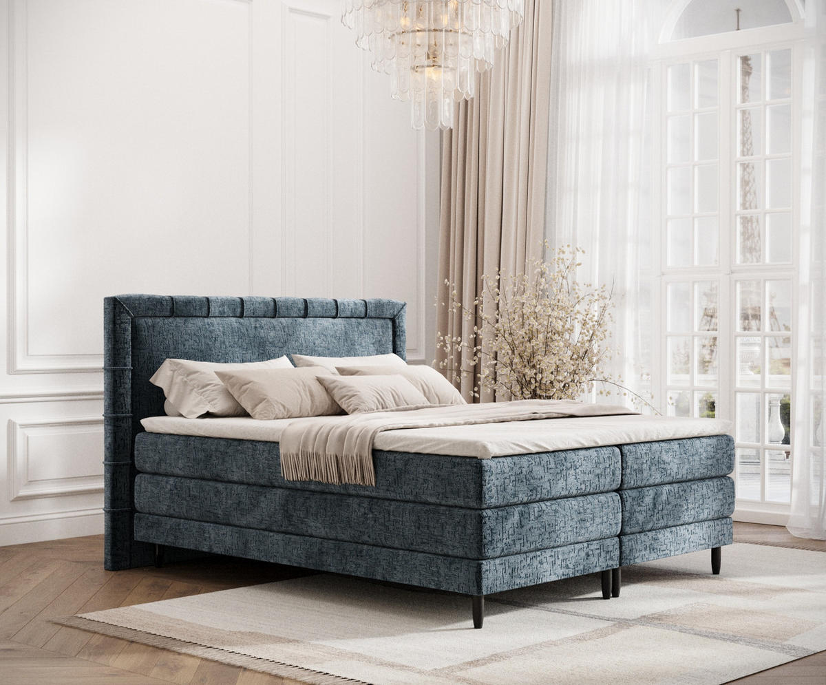 BOXSPRINGBETT Rimini Blau Grau 180/200 cm mit Matratze und Topper - Blaugrau/Schwarz, Holz/Holzwerkstoff (180/200cm) - Maison de Reve