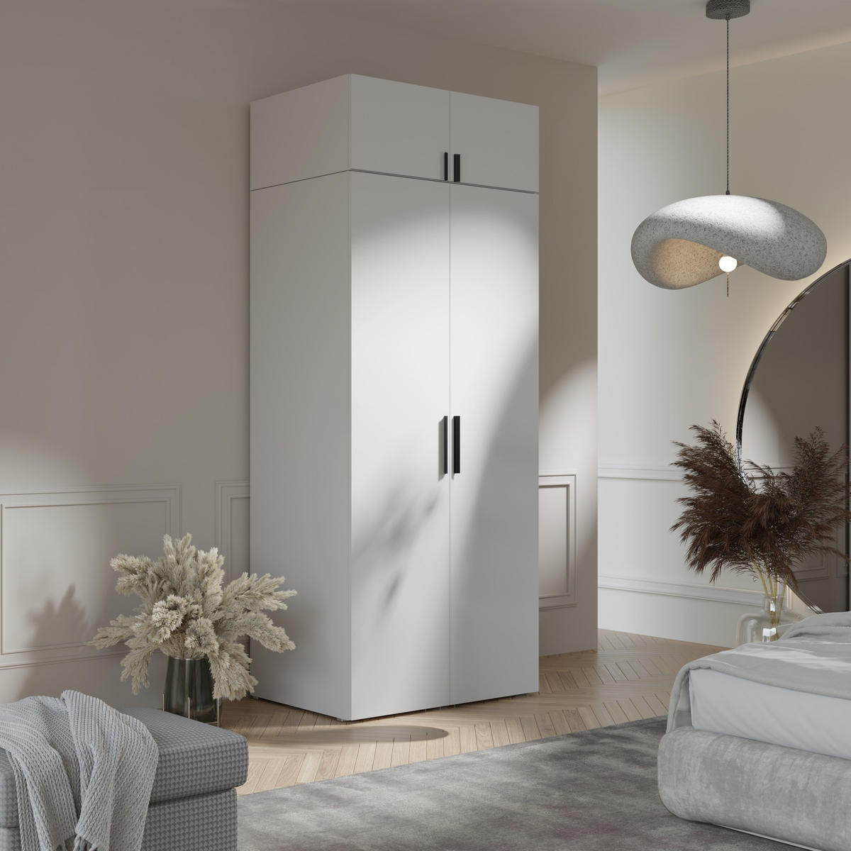 DREHTÜRENSCHRANK mit Aufsatz Napoli 2D 100 Weiß (schwarzer oder goldener Griff) - Silberfarben/Schwarz, Holzwerkstoff/Kunststoff (100/35/60cm) - mzm24