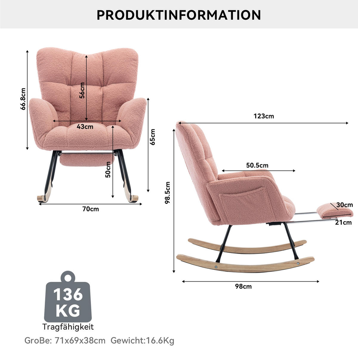 SCHAUKELSTUHL 98/70/98.5 cm Rosa mit Einziehbare Fußstütze - Rosa, Textil (98/98.5/80cm) - Oxeza