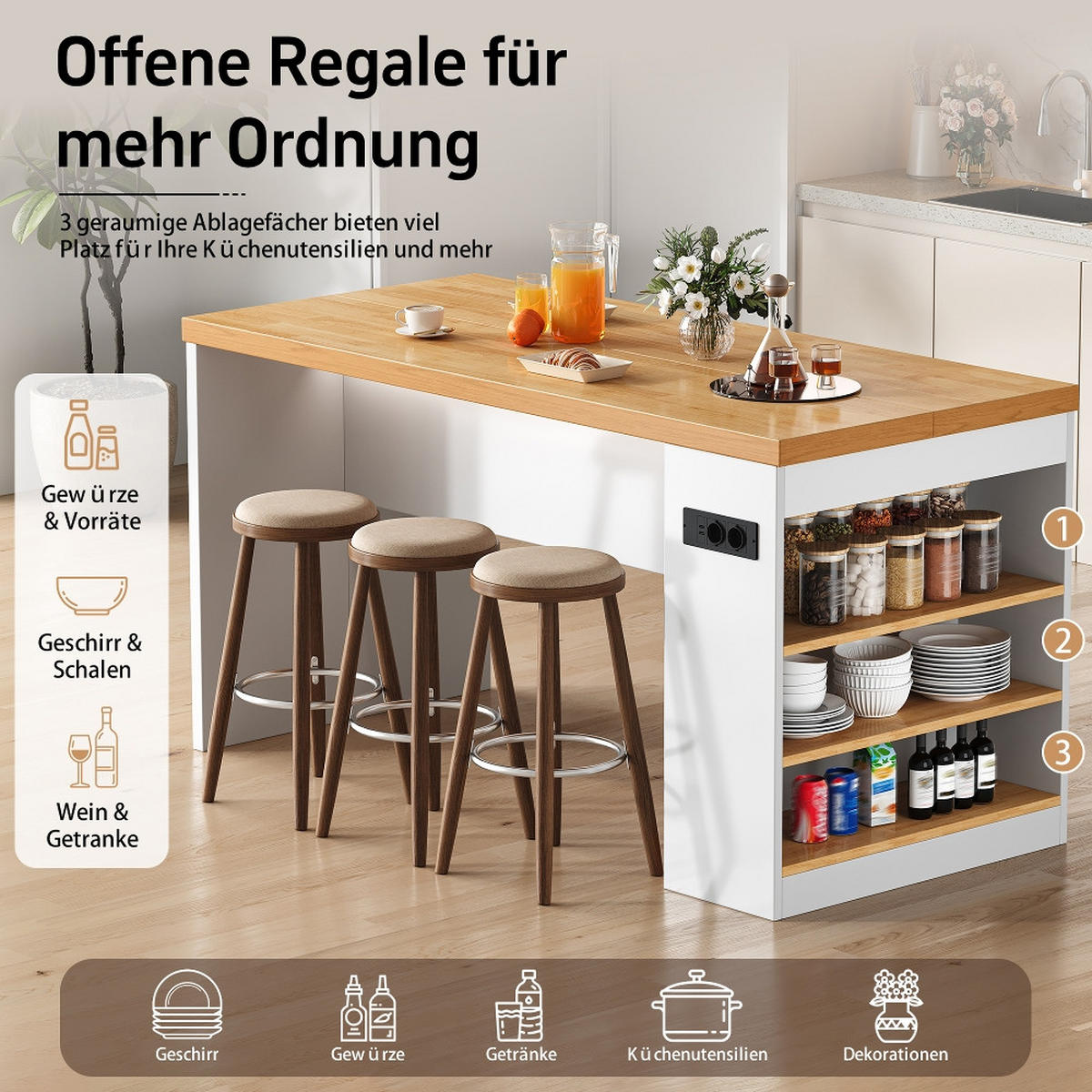 KÜCHENINSEL mit LED, 40mm Arbeitsplatte, Steckdose & USB, 3 Ablagen, 155/80/90 cm - Weiß, Kunststoff (80/90/155cm) - Rolipo