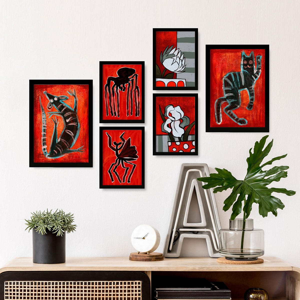 POSTER Set Mit 6 Kreaturen Frames 1 In Tiere Abstracts Ästhetische Dekorative Gemälde Für Ihr Wohnzimmer Schlafzimmer Zuhause A3 & A4 Schwarzer Rahmen - Schwarz, Papier (29/3cm) - Nacnic