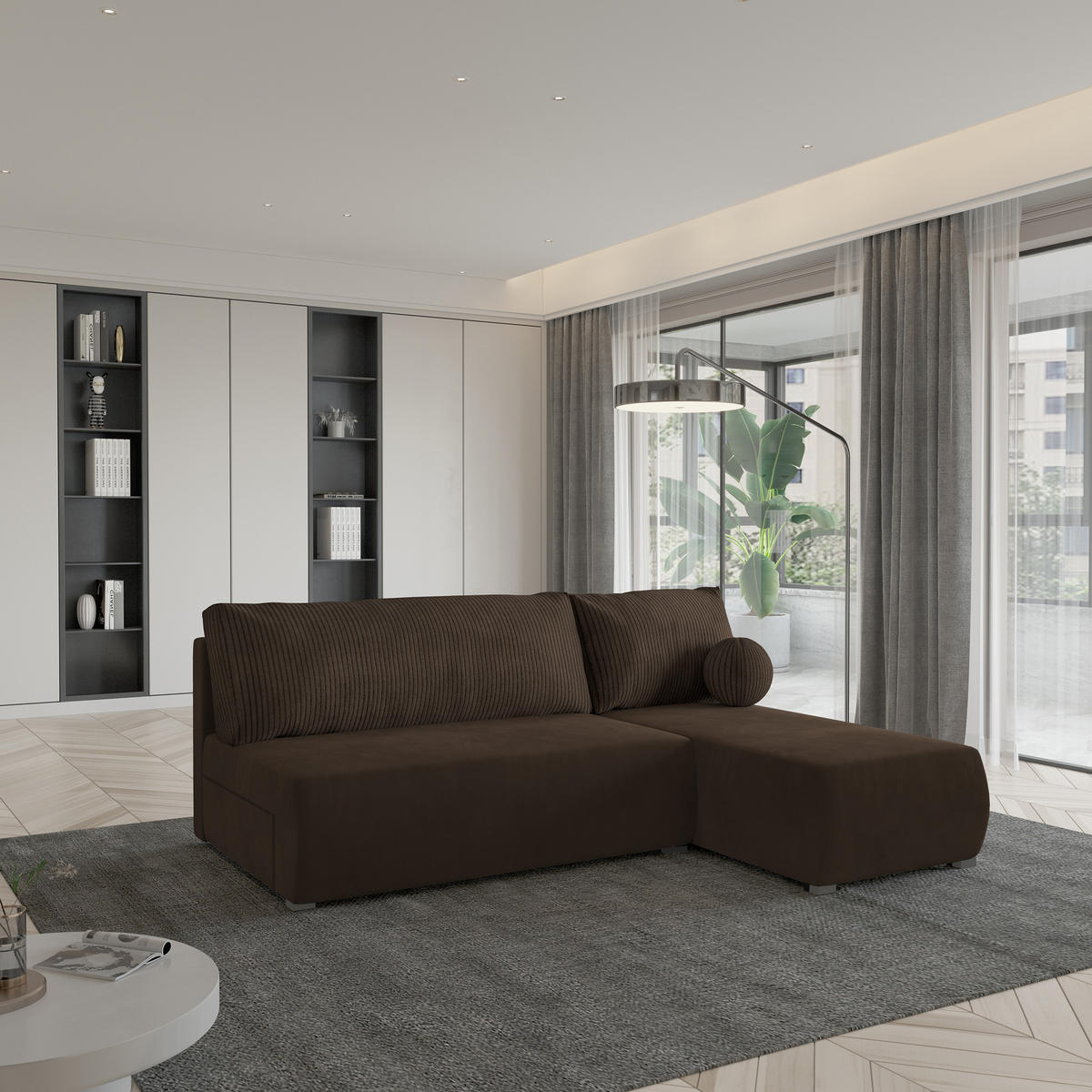 ECKSOFA PARVELO Braun Plüsch-Stoff mit Schlaffunktion - Braun, Holz (200/143cm) - MASSENO