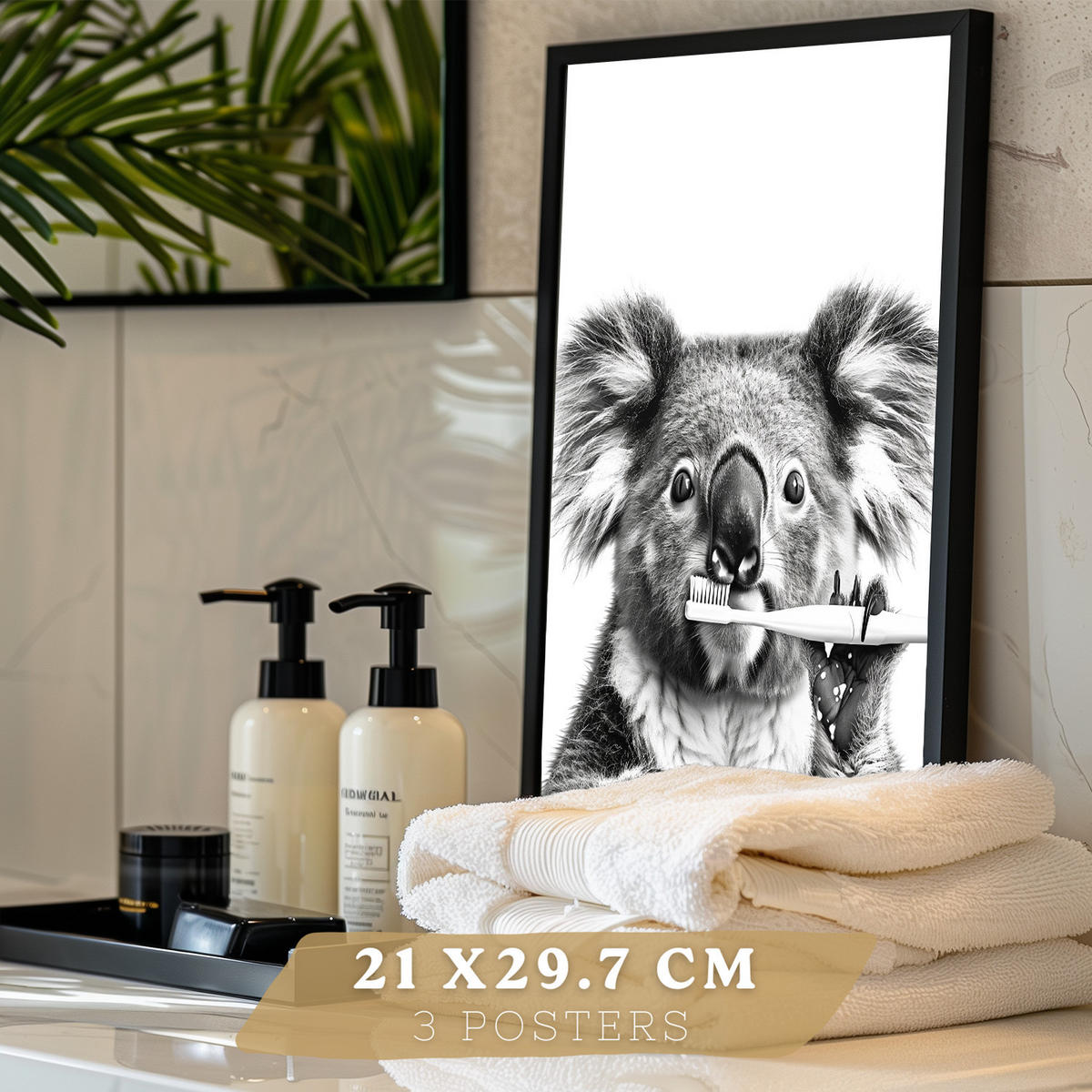 PLAKAT Sada 3 dekorativních nástěnných tisků - koupelnová dekorace se zvířaty. Obrázky koal. Velikost Černý rám A3 - černá, papír (29.7/42/3cm) - Nacnic
