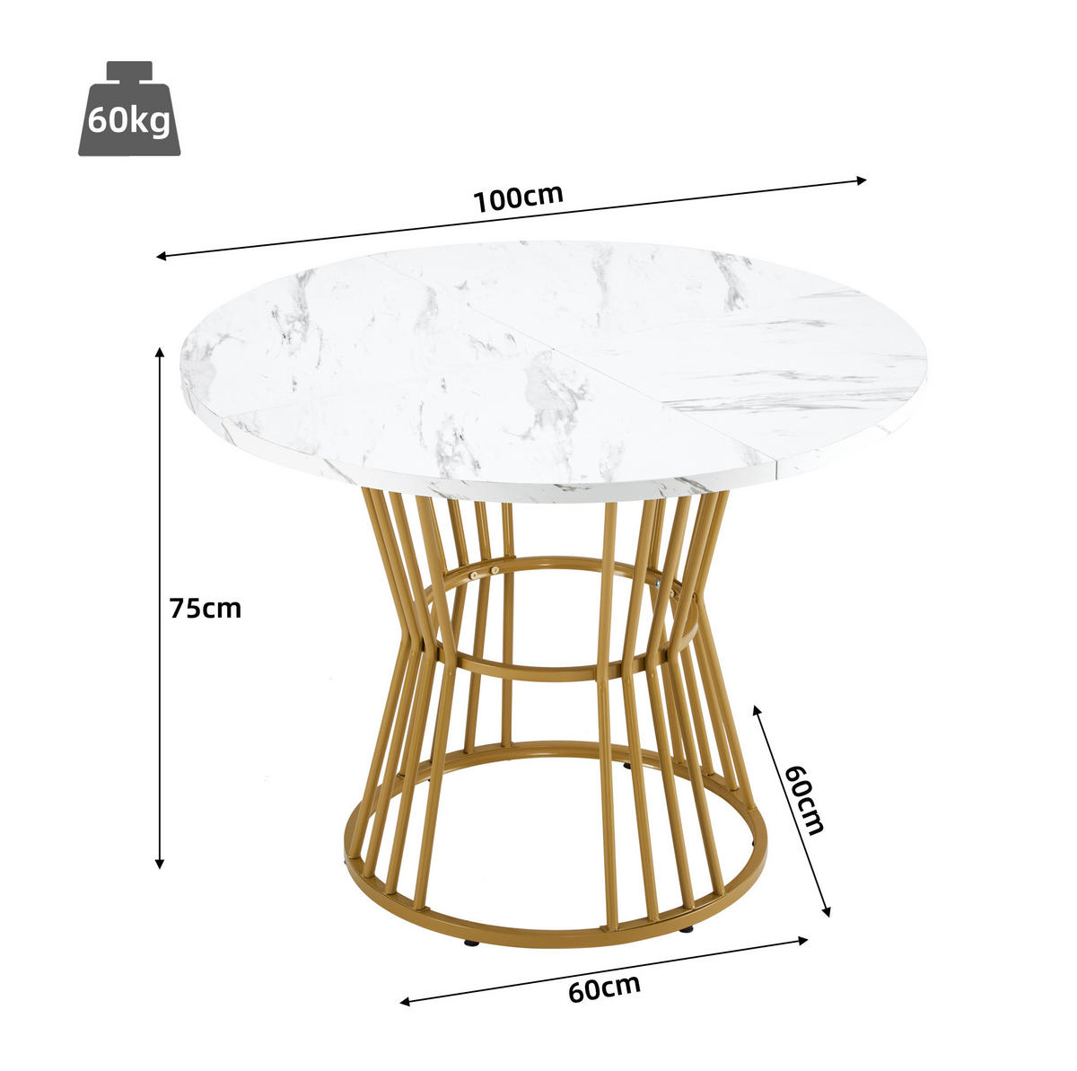 ESSTISCH 100x100x75 cm in Weiß aus MDF mit Marmoroptik auf stabilem Metallgestell - Weiß, Holzwerkstoff (90/75.5/18.5cm) - Modfu