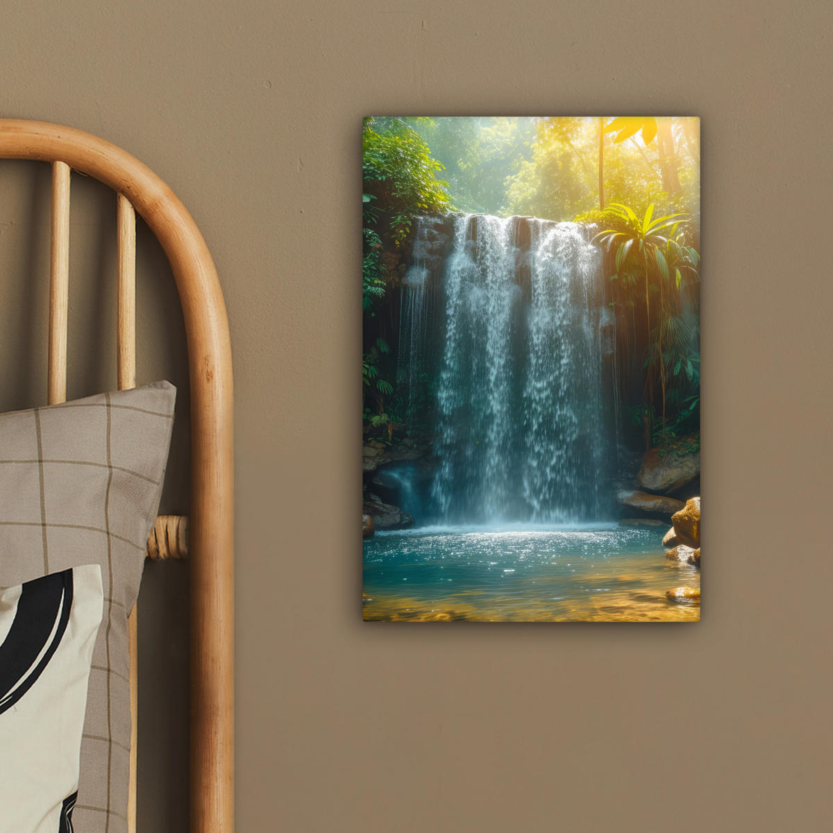 LEINWANDBILD Wasserfall - Dschungel - Sonne - Grün - Natur 20x30 cm - Grün, Textil (20/30cm) - MuchoWow