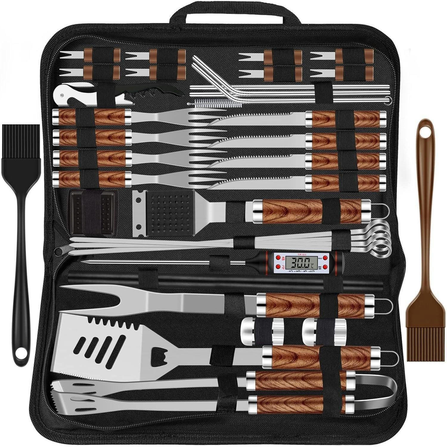 GRILLBESTECK Set 38-teilig Edelstahl mit Koffer und Grillmatte - Braun, Metall (39cm)
