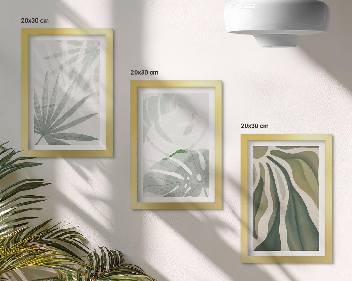 WANDBILDER 3er Set - 20x30 cm Goldrahmen - Blätter von Pflanzen in Grün und Grau - Goldfarben, Kunststoff (20/30cm) - ArtPrintCave