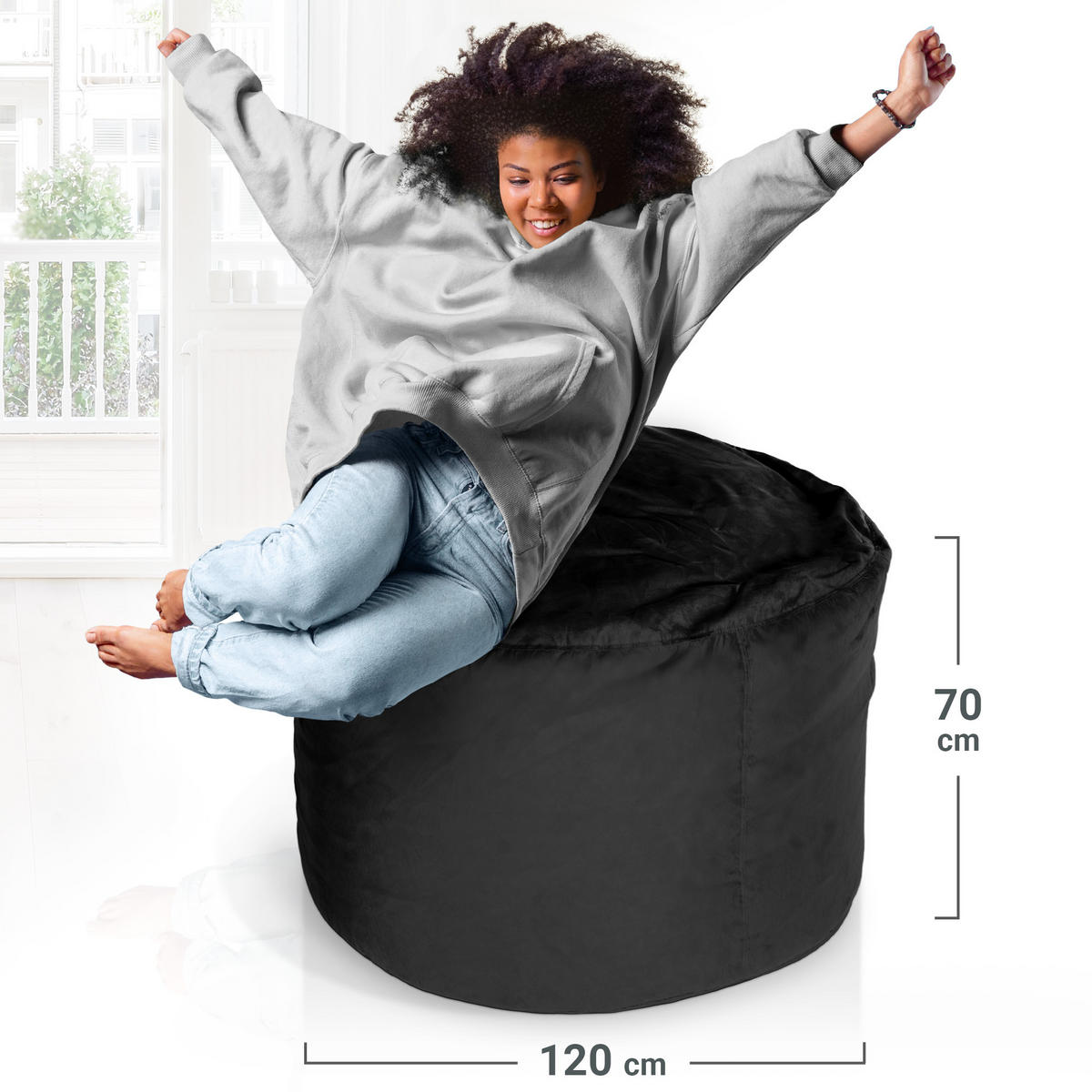 RIESEN-SITZSACK XXL JUMBO Velours 4ft - Schwarz, Textil (120/70/120cm) - Green Bean