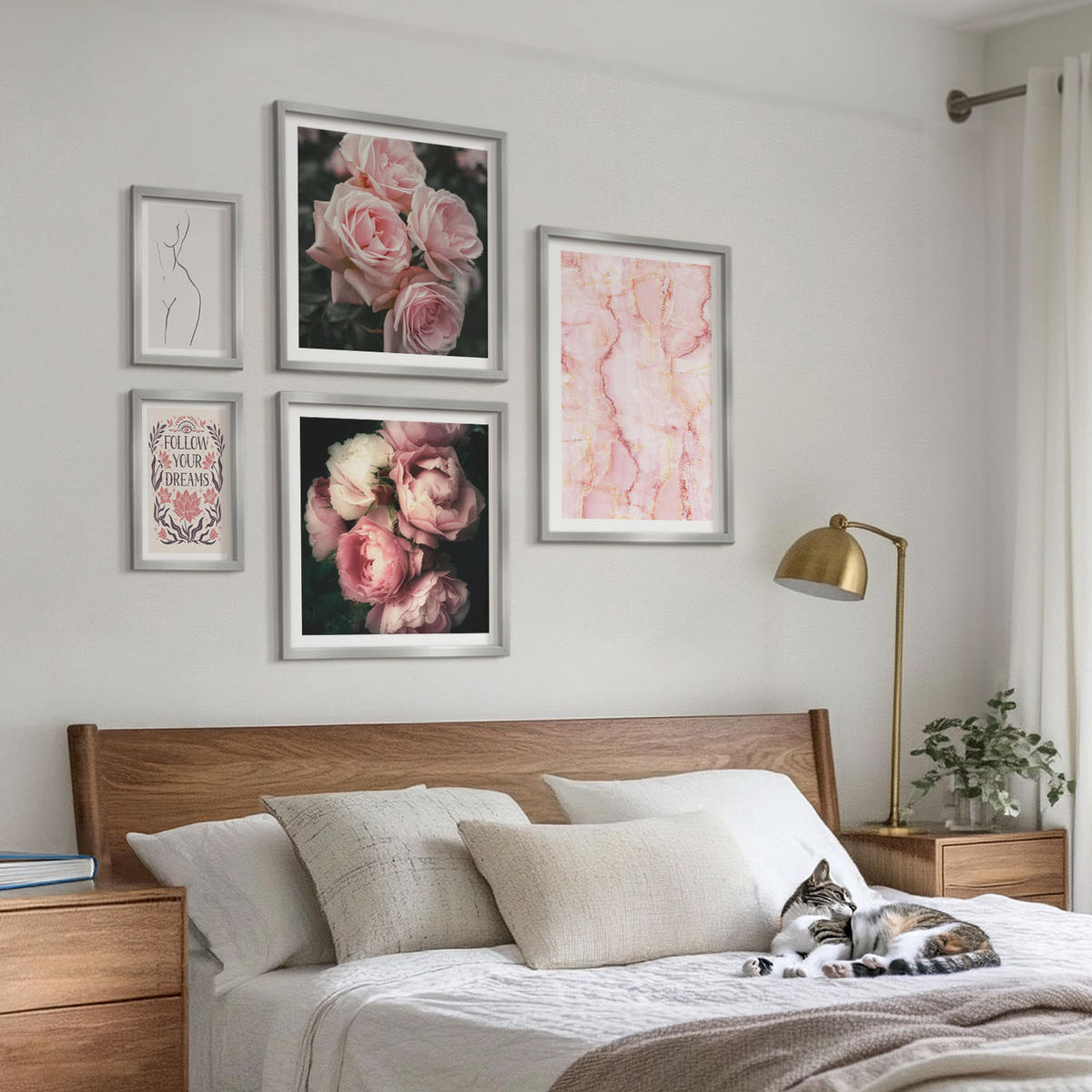 WANDBILDER 5er Set - 50x50 cm & 20x30 cm & 40x60 cm Silberner Rahmen - Vintage-Rosen-Marmorträume - Silberfarben, Kunststoff (40/60cm) - ArtPrintCave