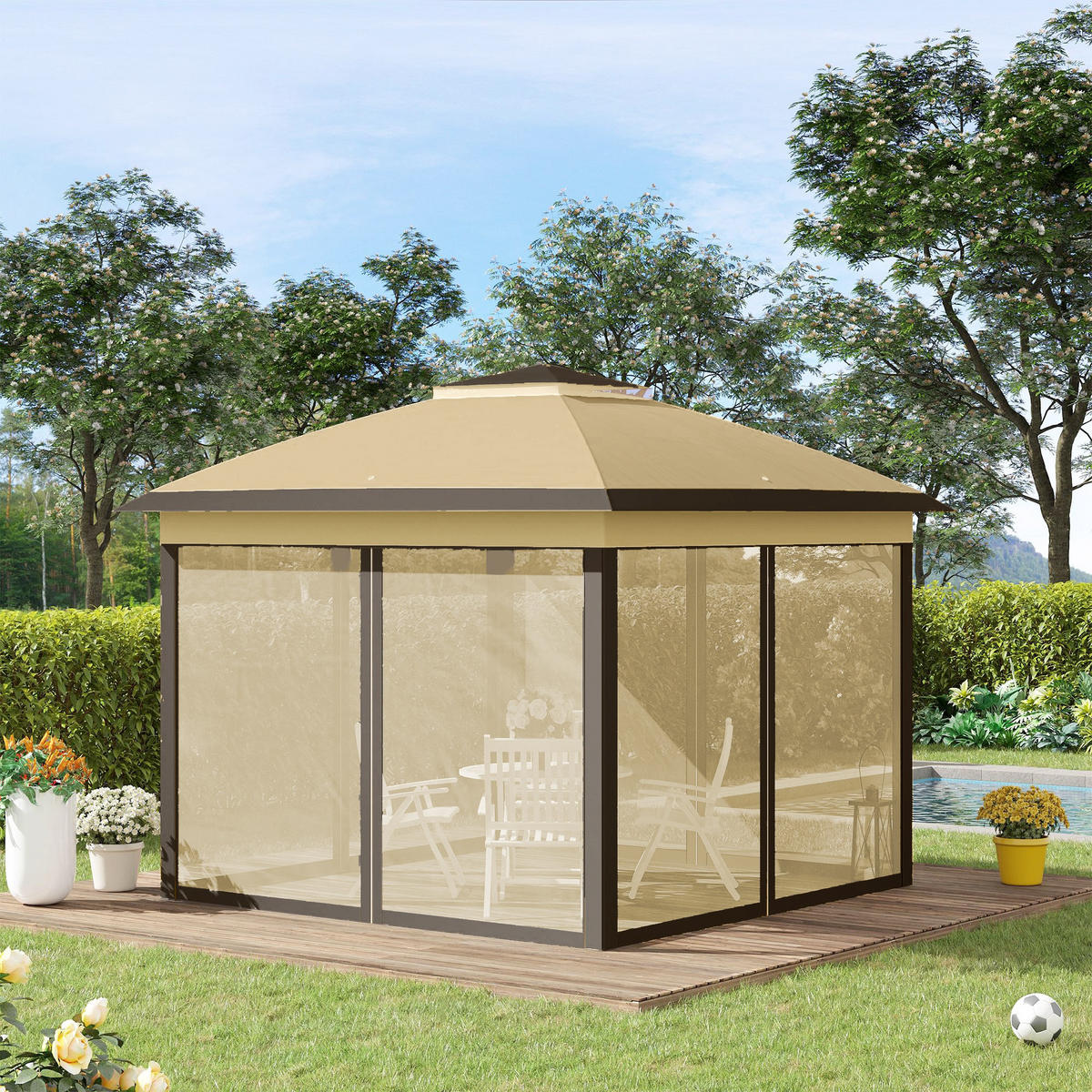 PAVILLON 3,3x3,3m, wasserabweisend Stabil Winterfest Pop-up Faltpavillon Beige - Beige, Metall (330/288/330cm) - Outsunny
