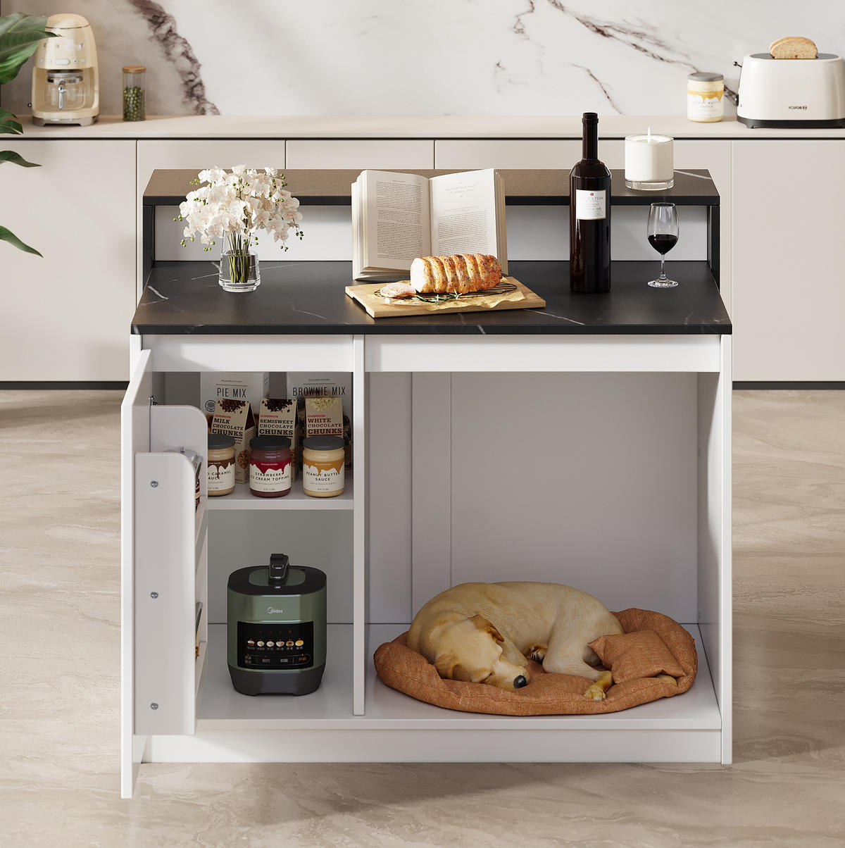 KÜCHENINSEL mit Bartresen MDF in Schwarz-Weiß-Marmoroptik - Schwarz, Holz (80/100/120cm) - Beauniv
