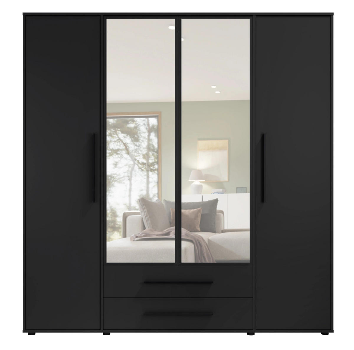 KLEIDERSCHRANK Modena in Schwarz, mit Spiegel, mit Tür, mit Türen und Schubladen - Schwarz, Holzwerkstoff/Kunststoff (200/206/59cm) - Ravio