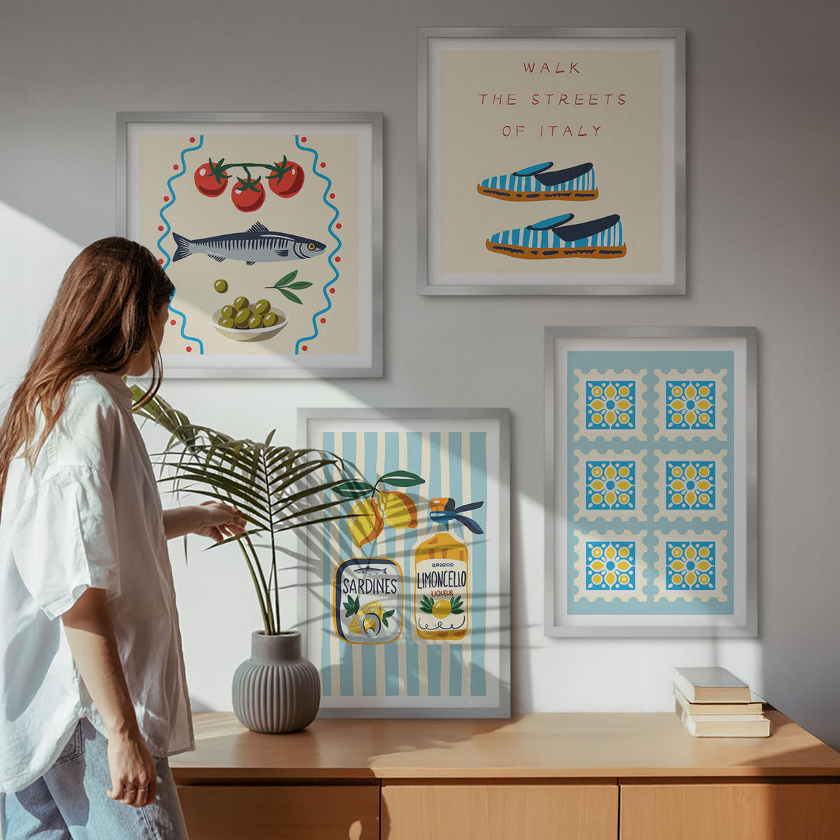 BILDER SET 4er Set - 50x50 cm & 40x60 cm Silberner Rahmen - Fruchtmuster und italienische Kultur - Silberfarben, Kunststoff (50/50cm) - TULUP