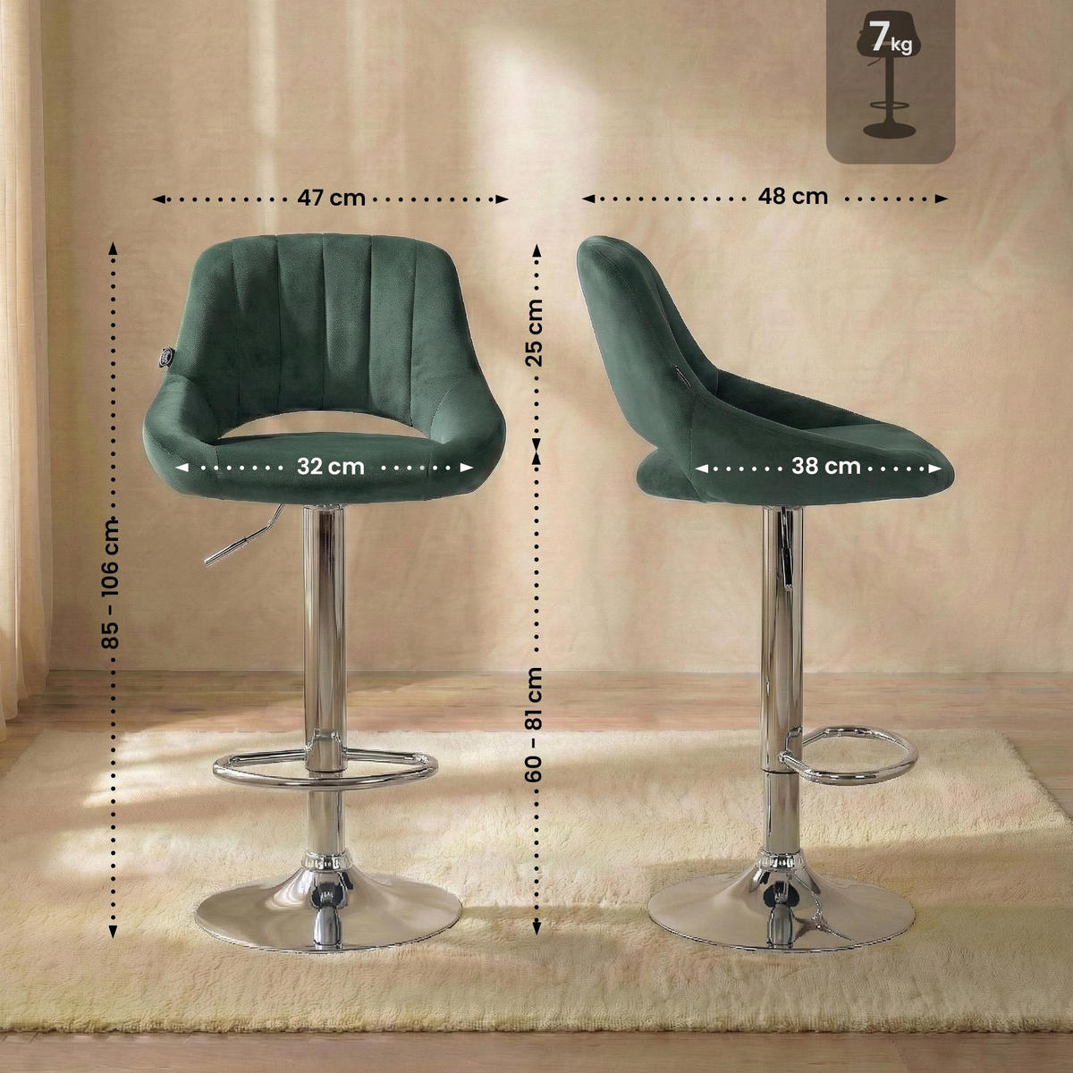 BARHOCKER Milet 2er Set 85x47x48 cm grün - Grün, Textil (47/85/48cm) - furnicato