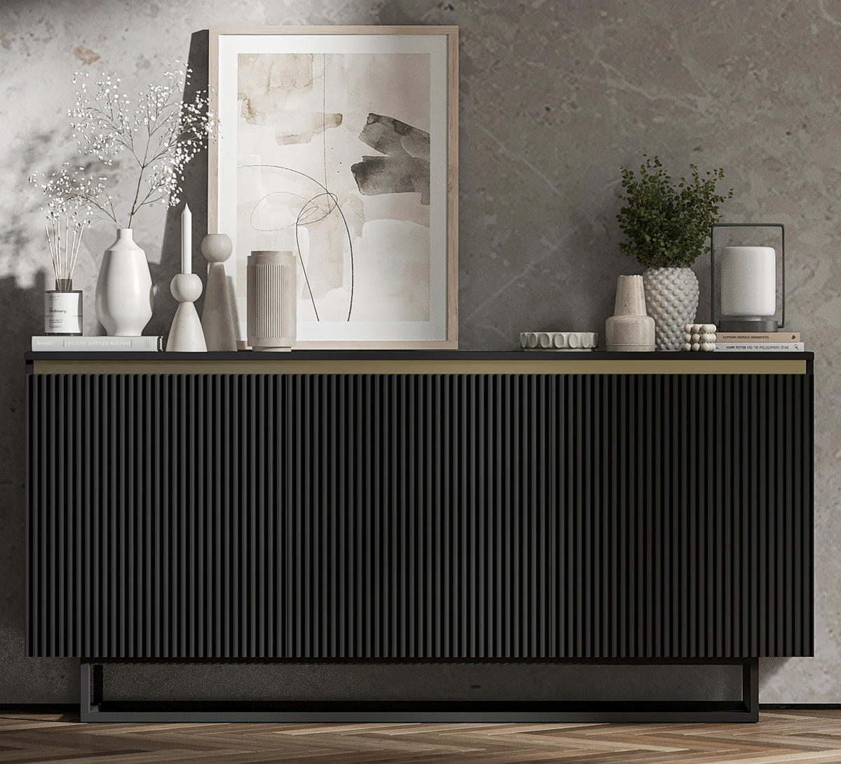 SIDEBOARD Selene 3D Schwarz Matt mit metallrahmen Glamour 167 cm - Schwarz, Holzwerkstoff/Metall (167/79/35cm) - Meble Lindner