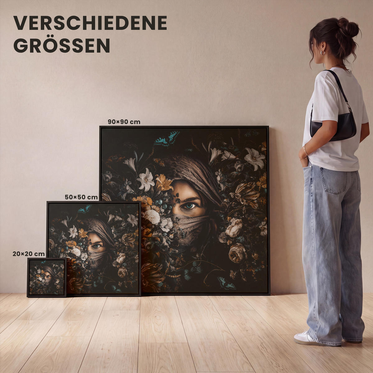 LEINWAND Bilder mit Rahmen - Frau - Luxus - Blumen - Schmetterling - Porträt - 50x50 - Schwarz, Textil (50/50cm) - MuchoWow