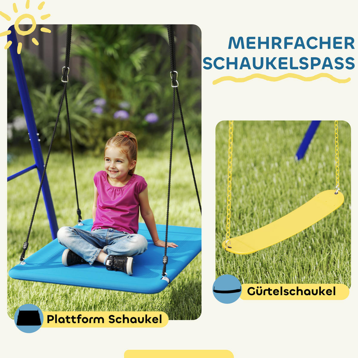 KINDERSCHAUKEL Outdoor Schaukelgerüst mit Plattformschaukel, Gürtelschaukel - Multicolor, Metall (180/365cm) - AIYAPLAY