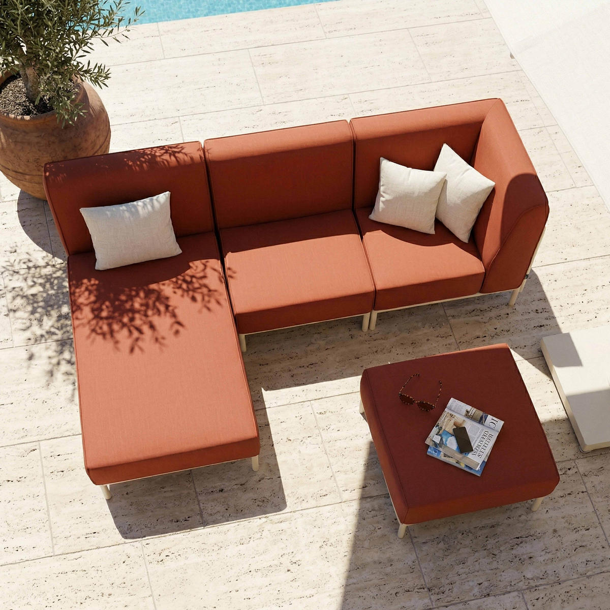 GARTENSOFA mit 4 Sitzplätzen, Terrakotta - Rot, Textil (153/78/272cm) - Oviala