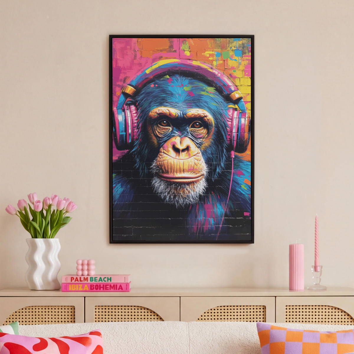 LEINWAND Bilder mit Rahmen - Graffiti - Schimpanse - Straßenkunst - Kopfhörer - Affe - 60x90 - Blau, Textil (60/90cm) - MuchoWow