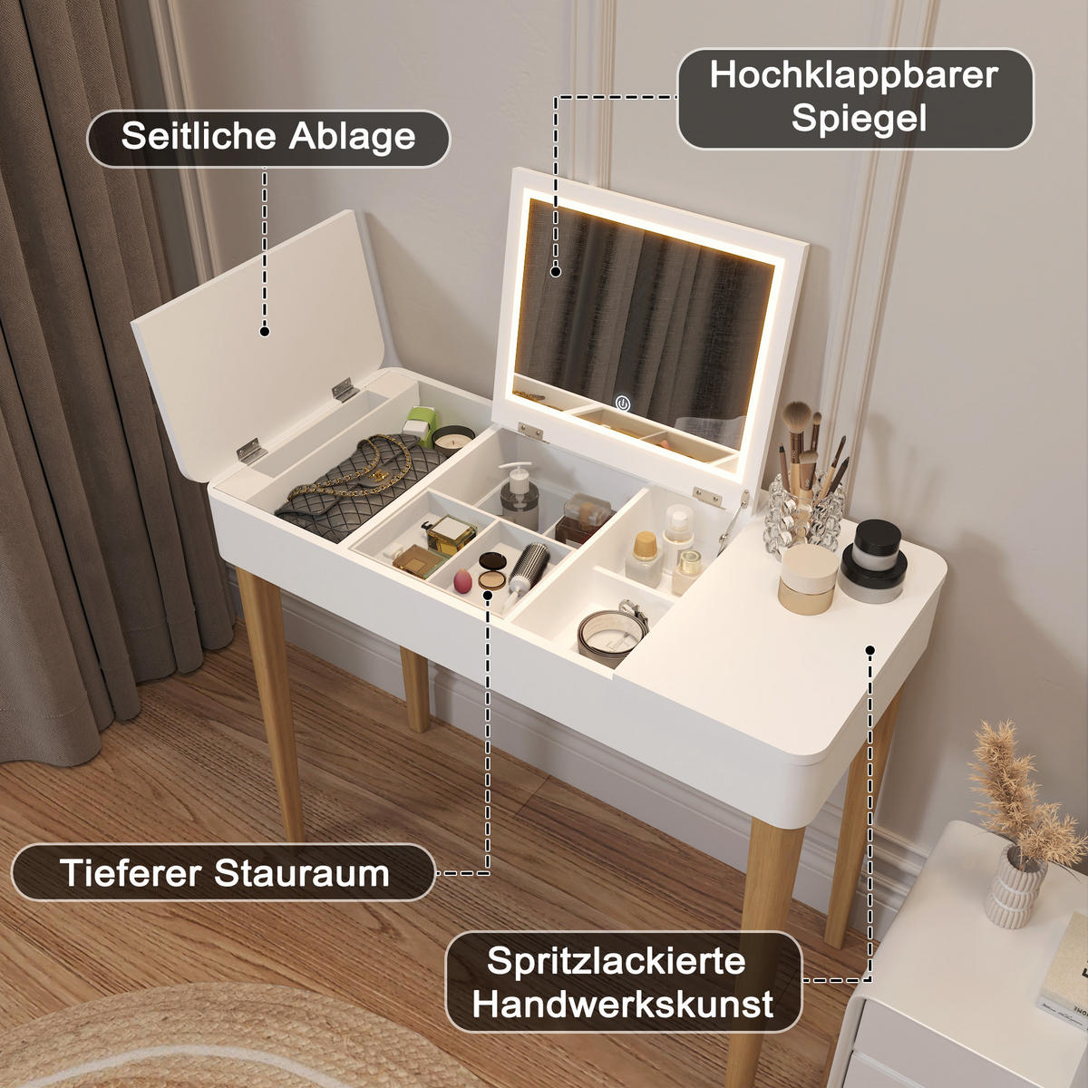 SCHMINKTISCH 83/40/75 cm weiß aus MDF mit klappbarem Spiegel und Stauraum - Weiß, Holzwerkstoff (40/75/83.6cm) - OKWISH